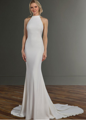 Halter Ivory Chiffon Satin Floor Length Wedding Dress